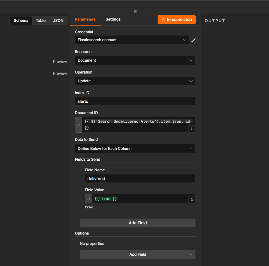 n8n Elasticsearch node configured to update a document, setting the field "delivered" to true, addressed by the document ID from the previous search step