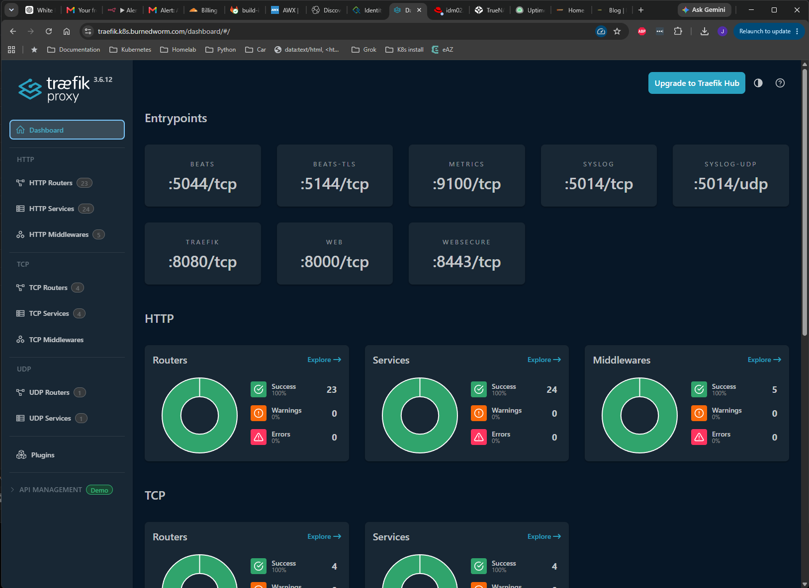 Traefik dashboard showing routers and services