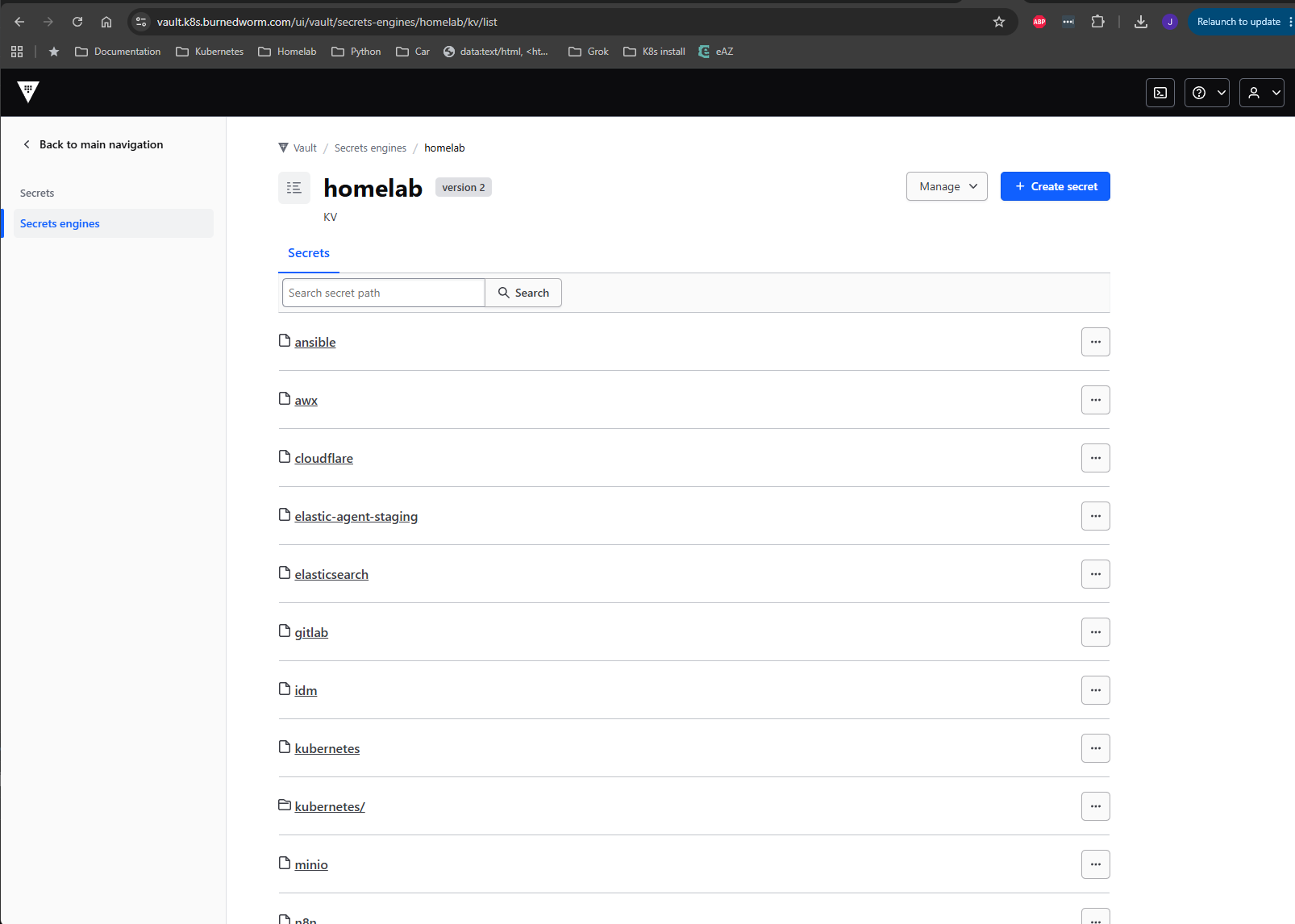 HashiCorp Vault web UI showing the homelab's secrets engine